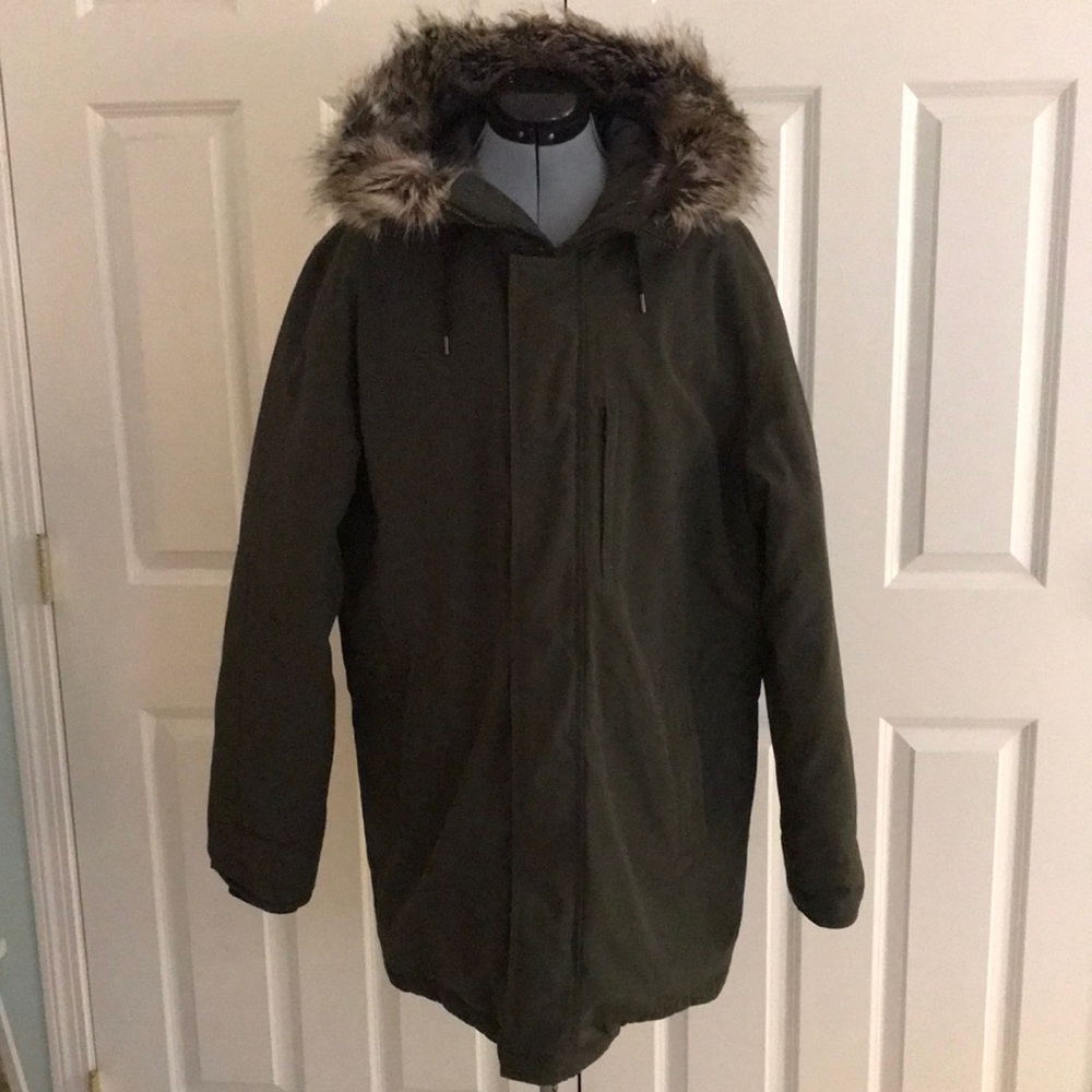 New Michael Kors Green Coat with Faux Fur Trim Hood Size Large Tall L T - Picture 2 of 16